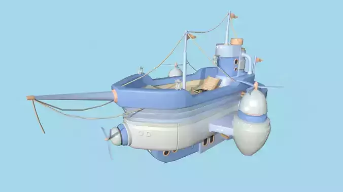 Cartoon Airship 01 - White Blue - Low Poly Ship Low-poly 3D model