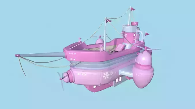 Cartoon Airship 03 - Pink Blue- Low Poly Ship Low-poly 3D model