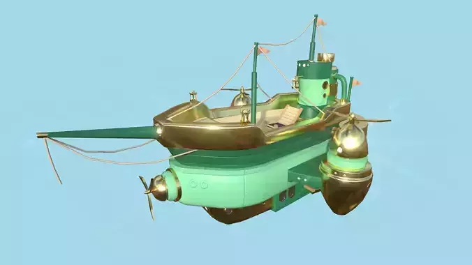 Cartoon Airship 04 - Green Gold - Low Poly Ship Low-poly 3D model