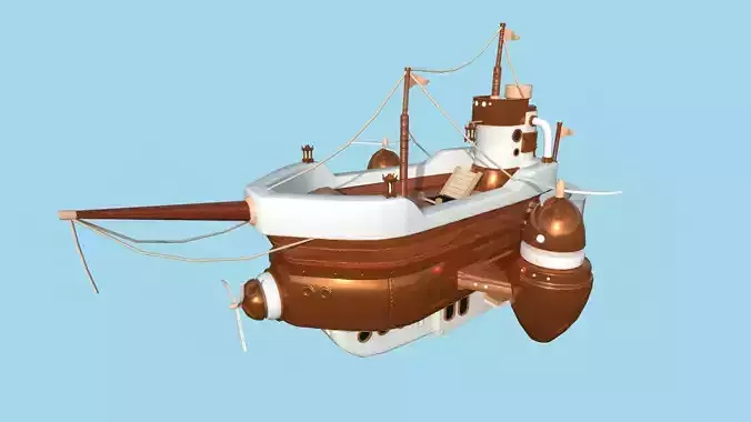 Cartoon Airship 05 - Wood Brown - Low Poly Ship Low-poly 3D model