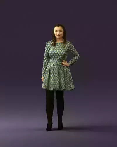 Woman in yellow blue dress holding hand on side 0860