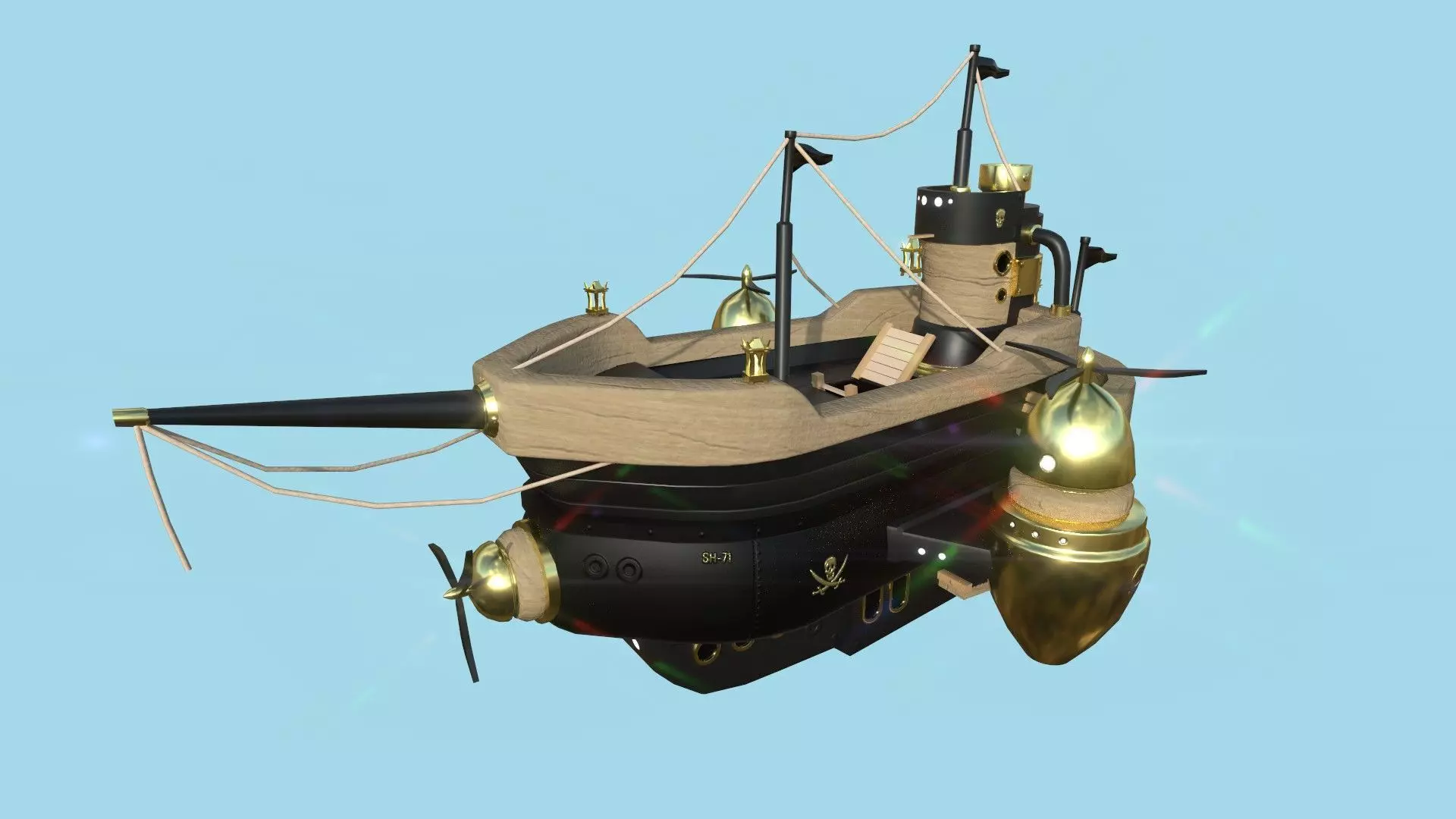 Cartoon Airship 08 - Gold Pirate - Low Poly Ship Low-poly 3D model_0