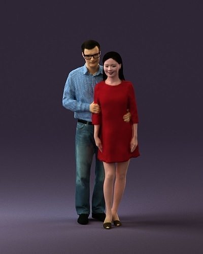 Man in glasses hug asian woman in red 0870 3D model
