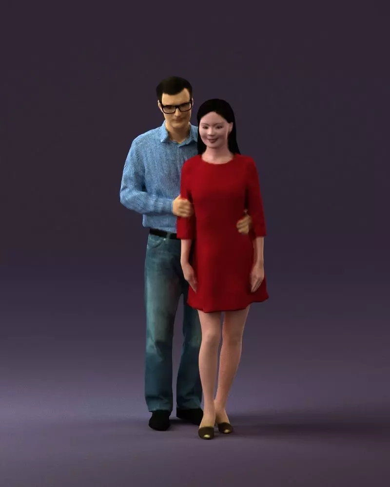Man in glasses hug asian woman in red 0870 3D model
