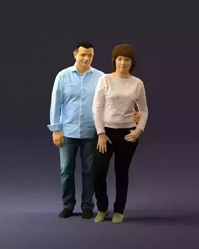 Man in bright blue top hug woman one hand 0880