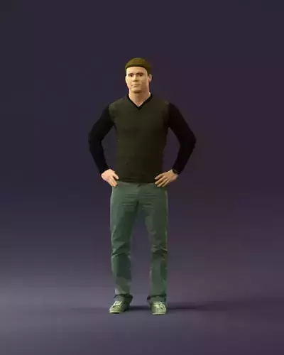 Man in brown black blouse hand on sides 0892