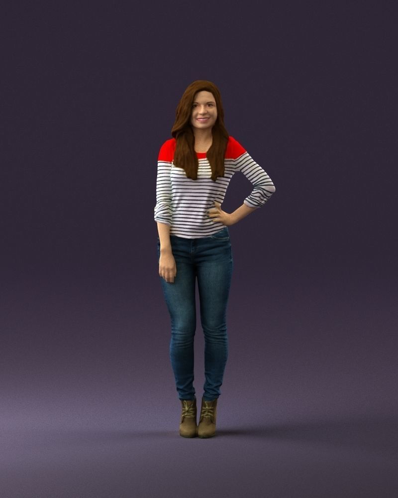 Smiling Woman in stripped whiteand red blouse 0881 3D model_1