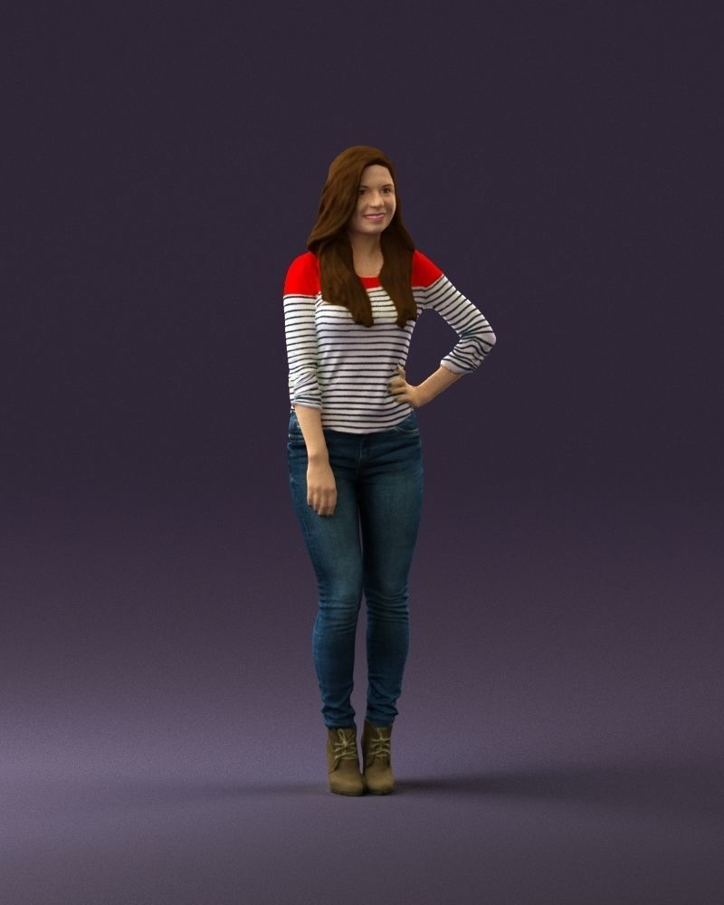 Smiling Woman in stripped whiteand red blouse 0881 3D model_2