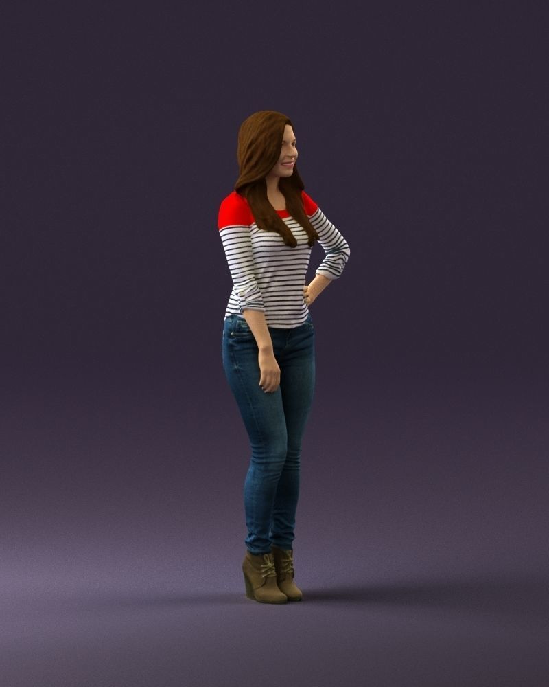 Smiling Woman in stripped whiteand red blouse 0881 3D model_3
