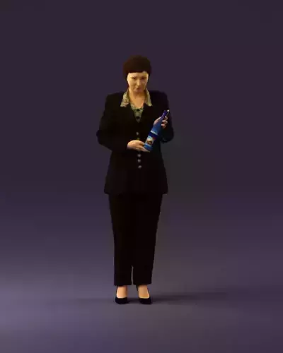 Woman in black strict suit bottle in hands 0942
