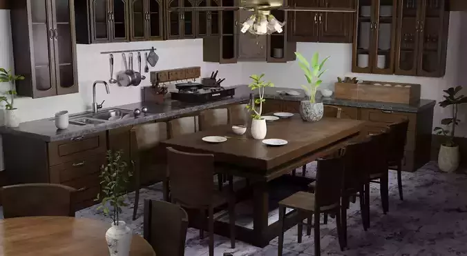 Kitchen model with wooden cabinets and furniture