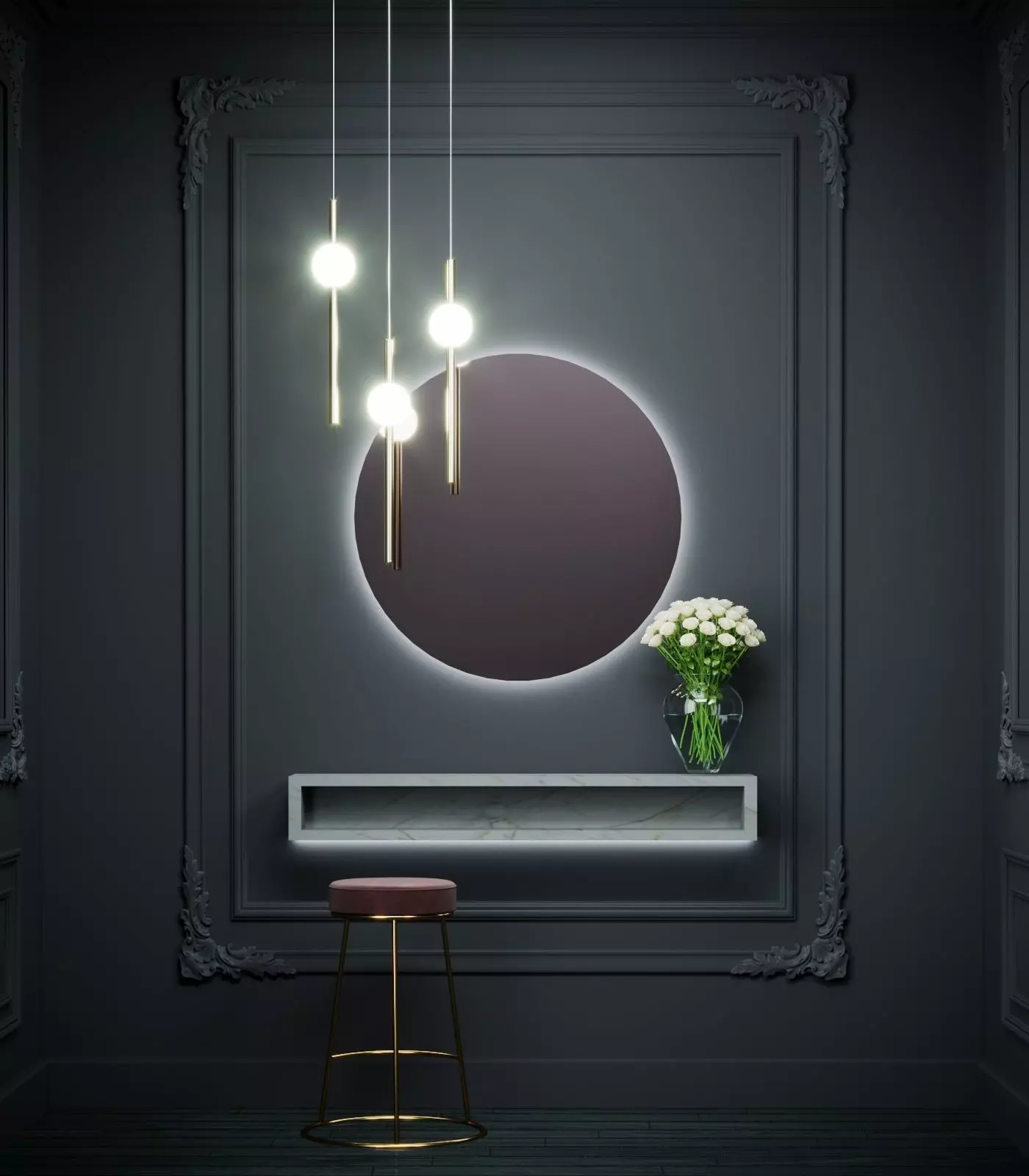Interior room with round mirror and stool 3D model_0