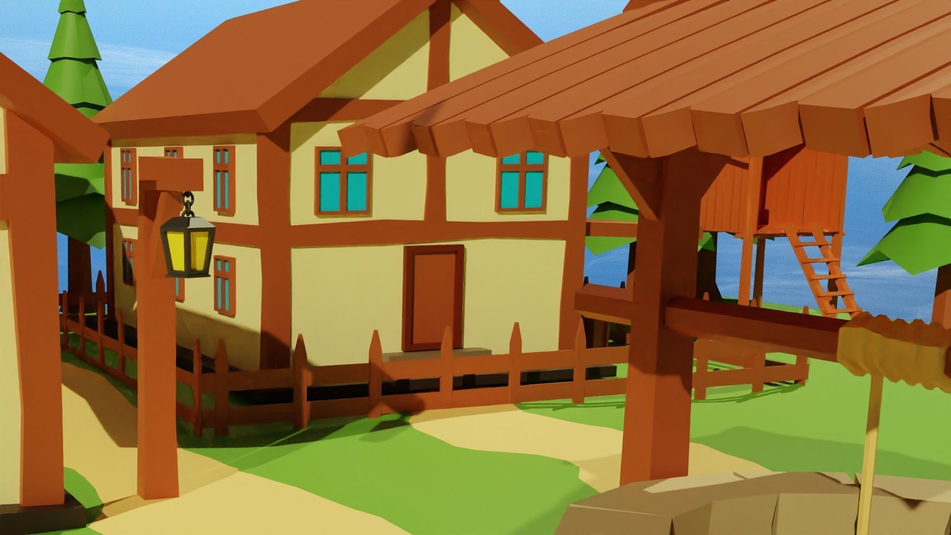Cartoon Medieval Village Low-poly 3D model_9