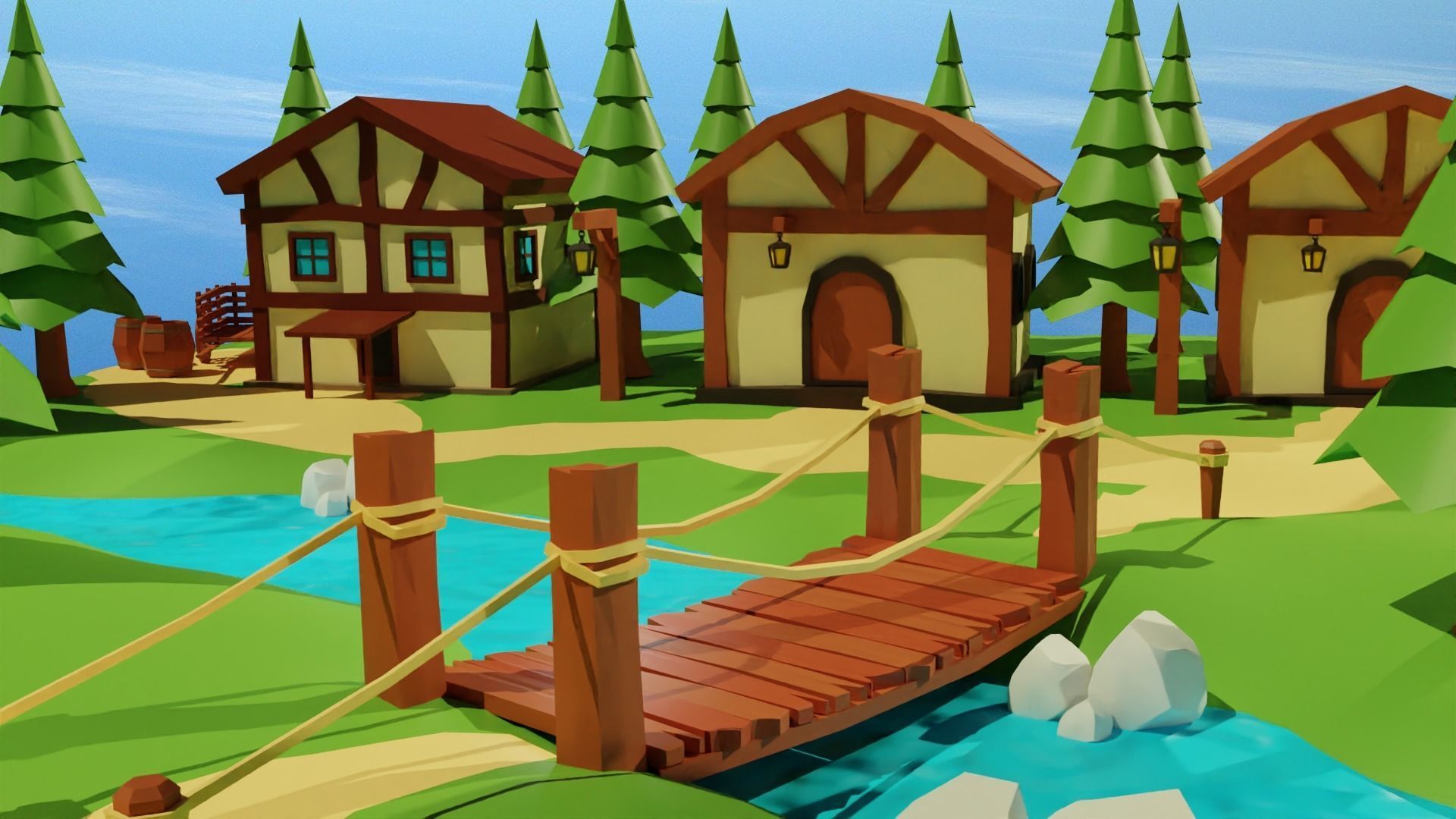 Cartoon Medieval Village Low-poly 3D model_7