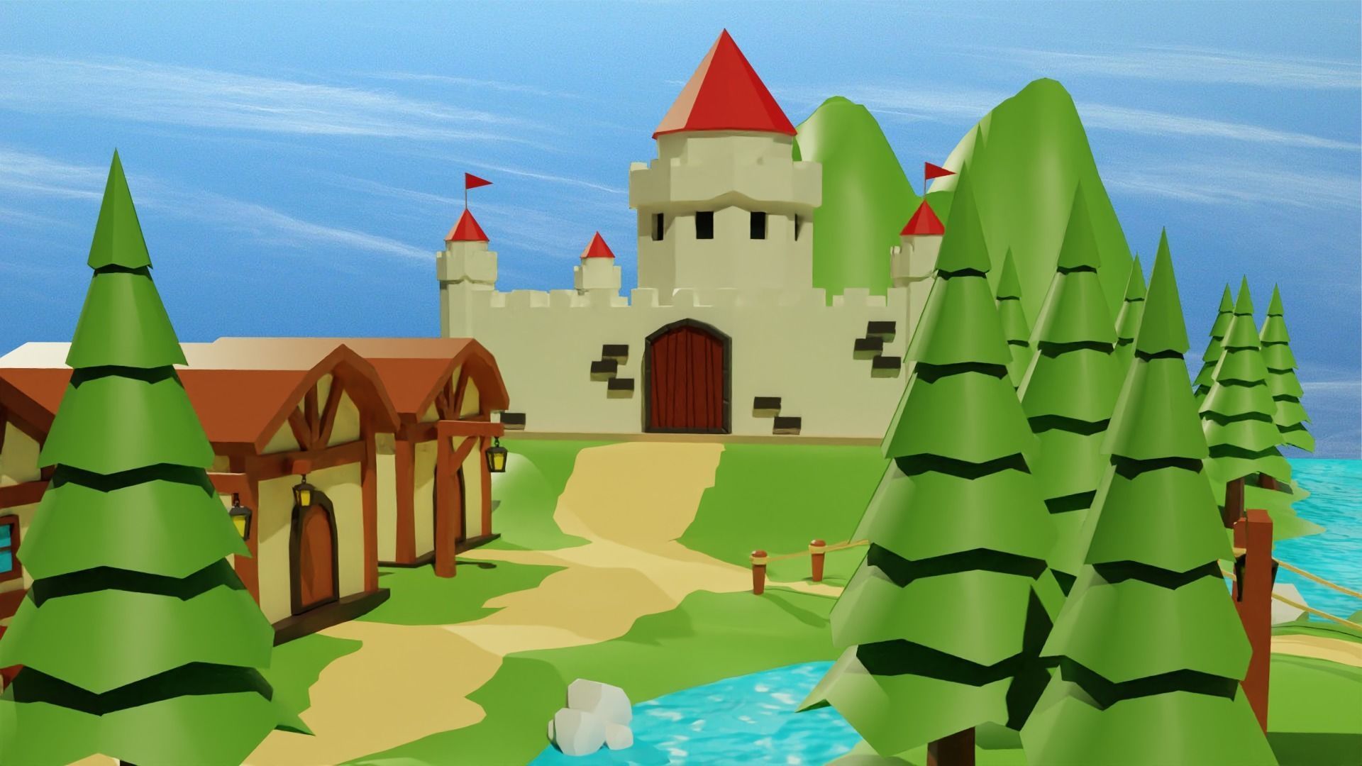Cartoon Medieval Village Low-poly 3D model_3
