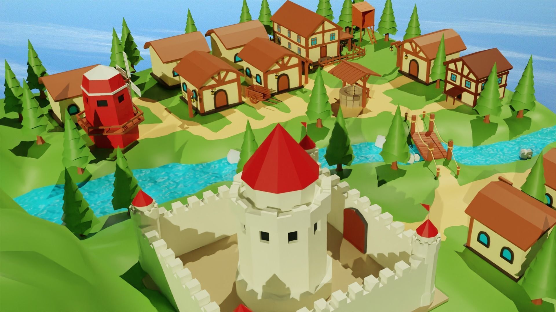 Cartoon Medieval Village Low-poly 3D model_6