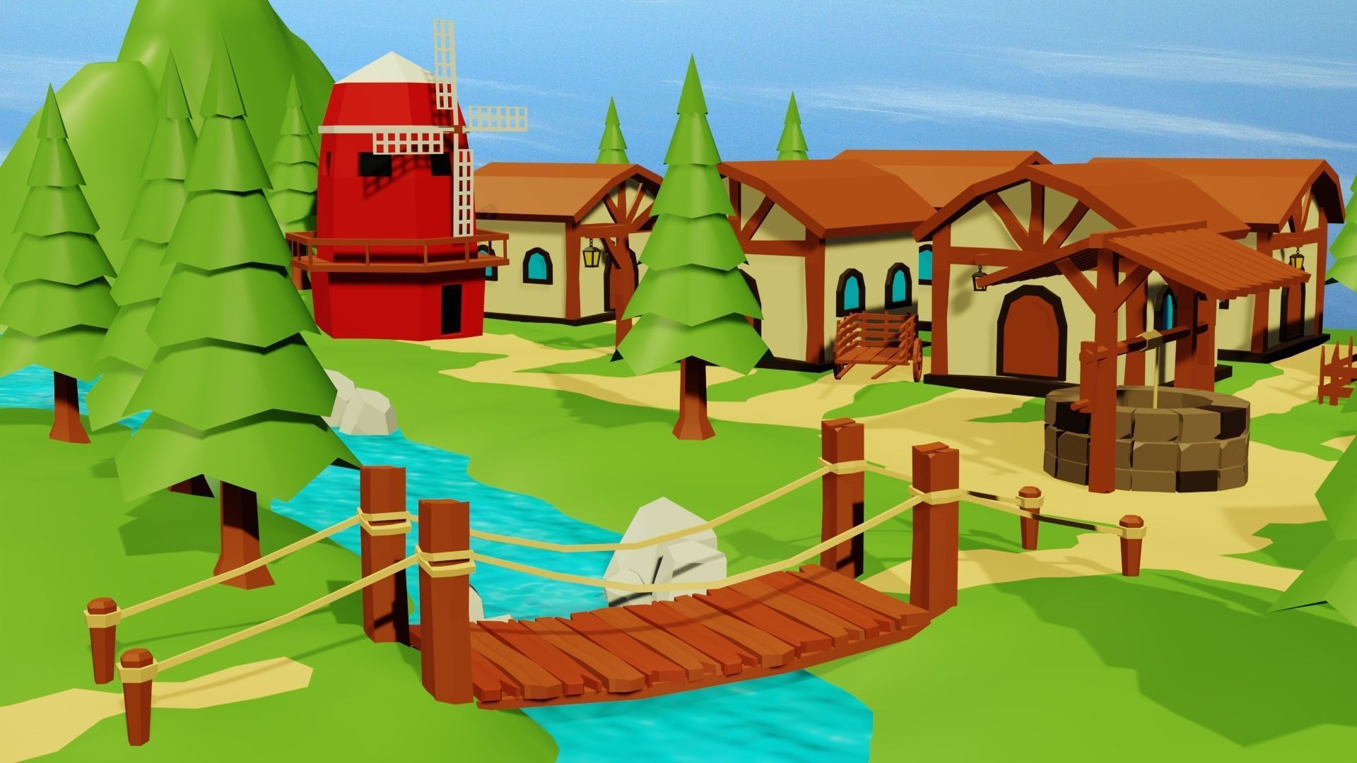 Cartoon Medieval Village Low-poly 3D model_11