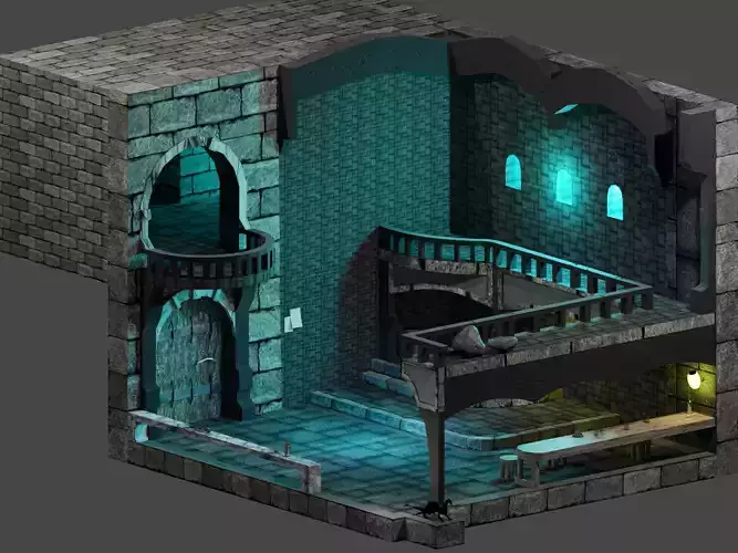 Stylized castle with turquoise lights PBR low-poly game-ready