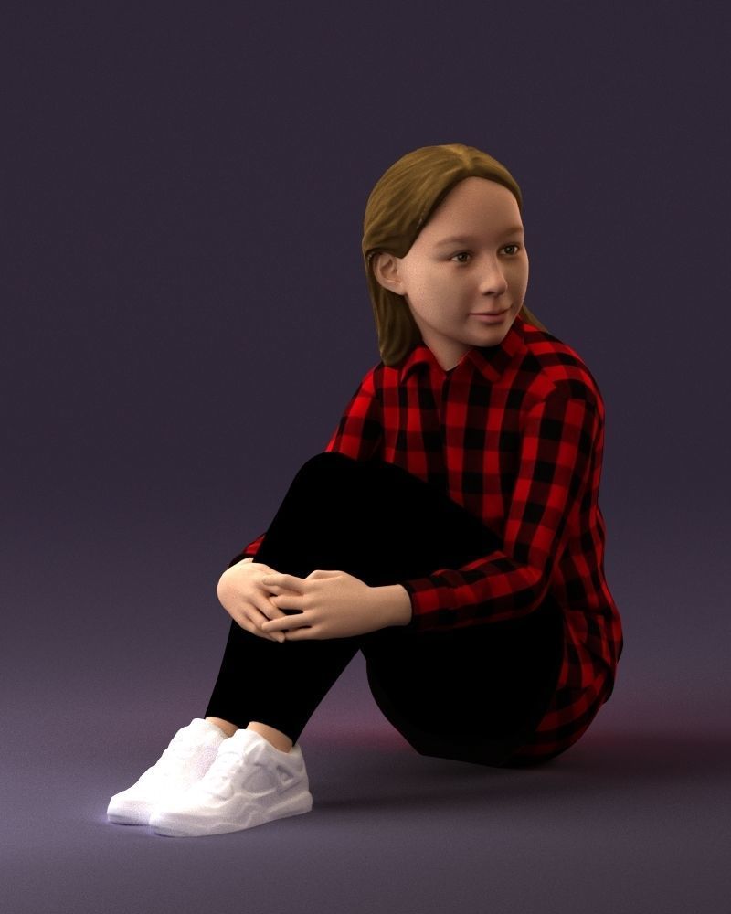 001049 young girl seat in redblack tshirt 3D model_2