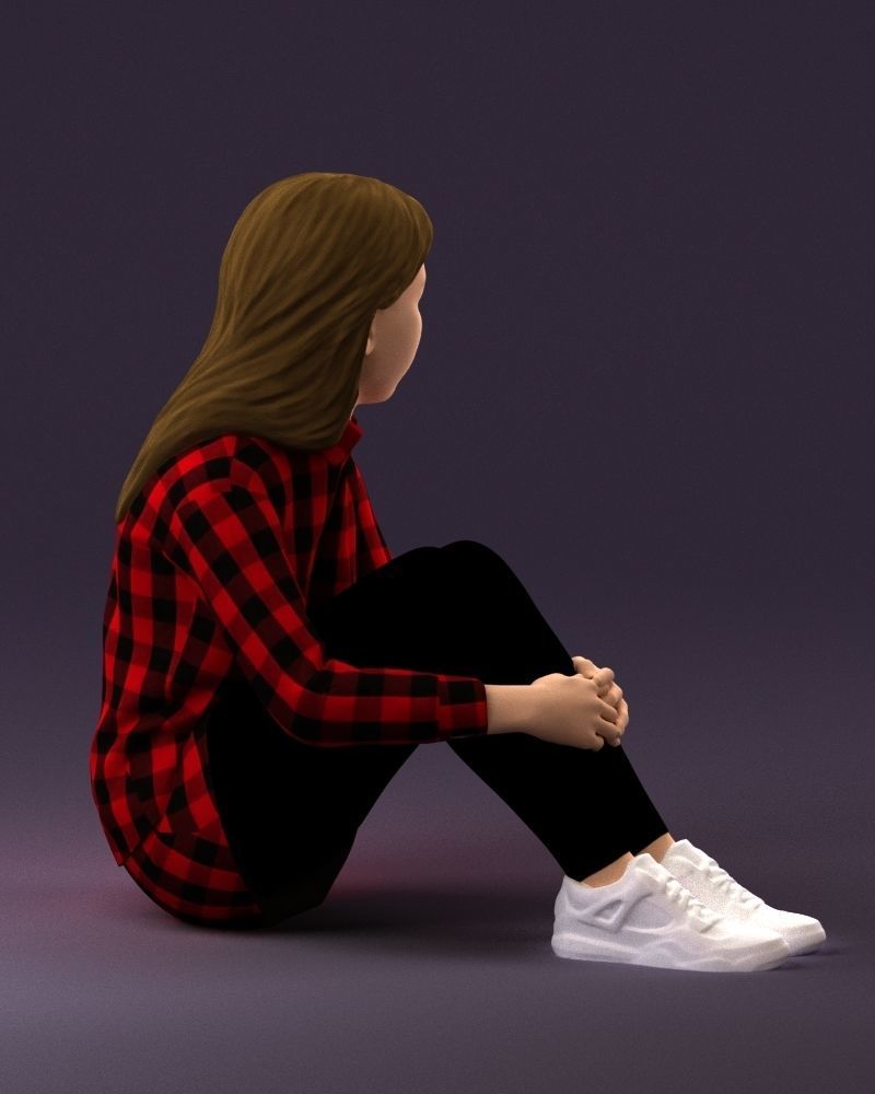 001049 young girl seat in redblack tshirt 3D model_5