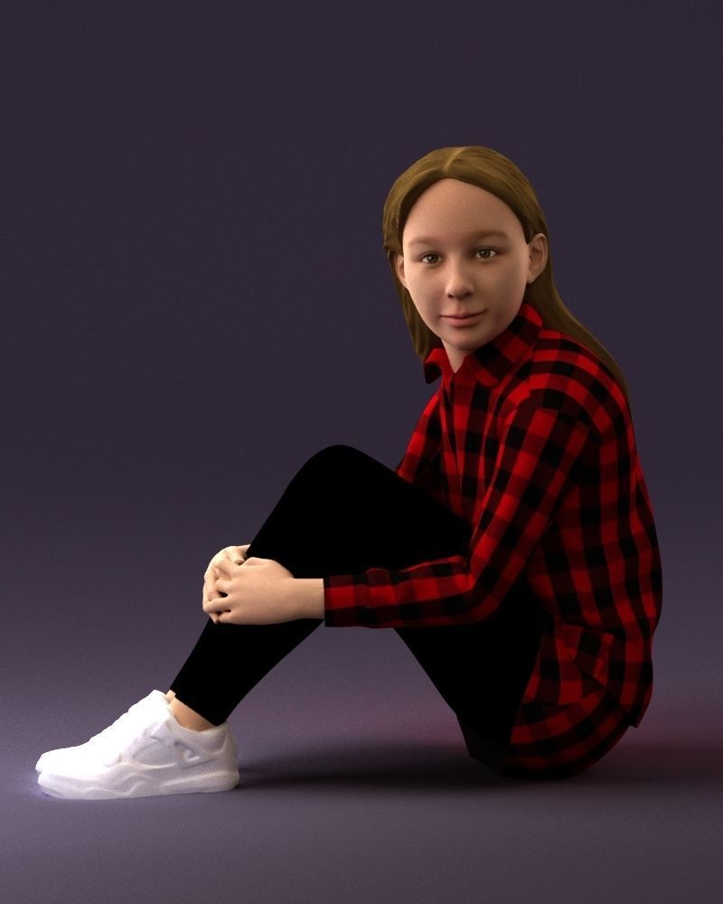 001049 young girl seat in redblack tshirt 3D model_11