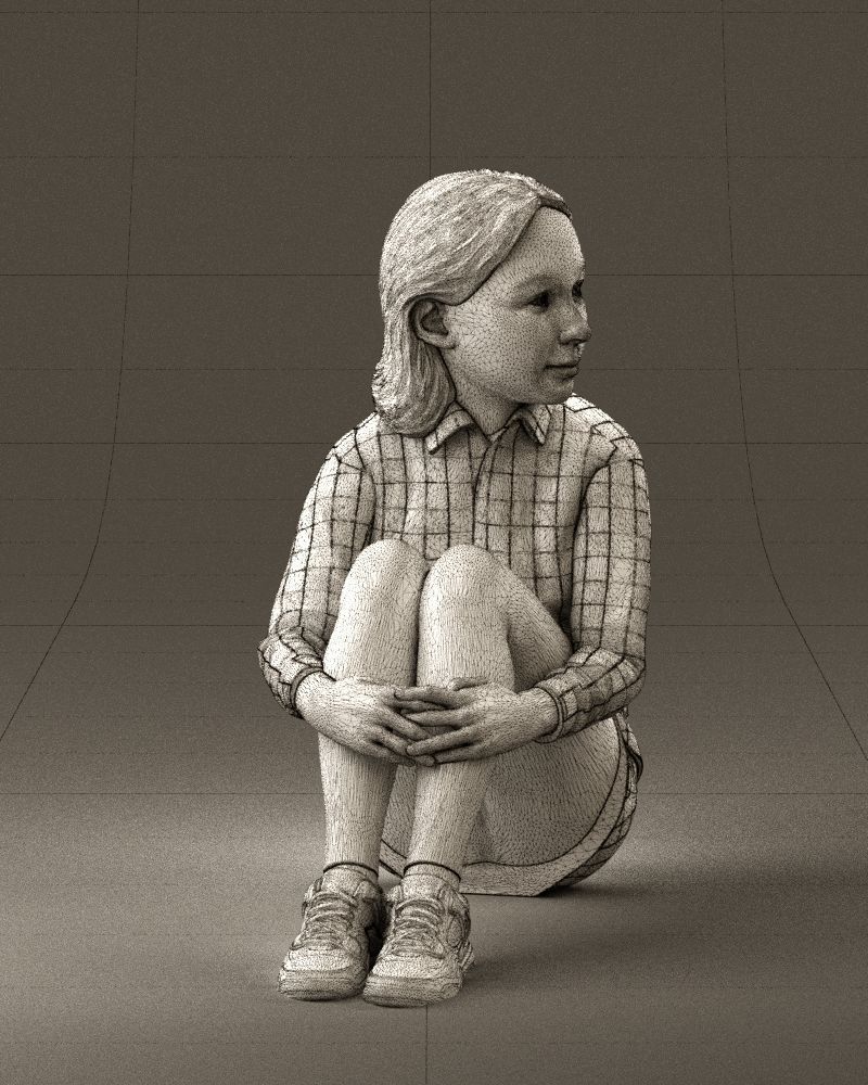 001049 young girl seat in redblack tshirt 3D model_27