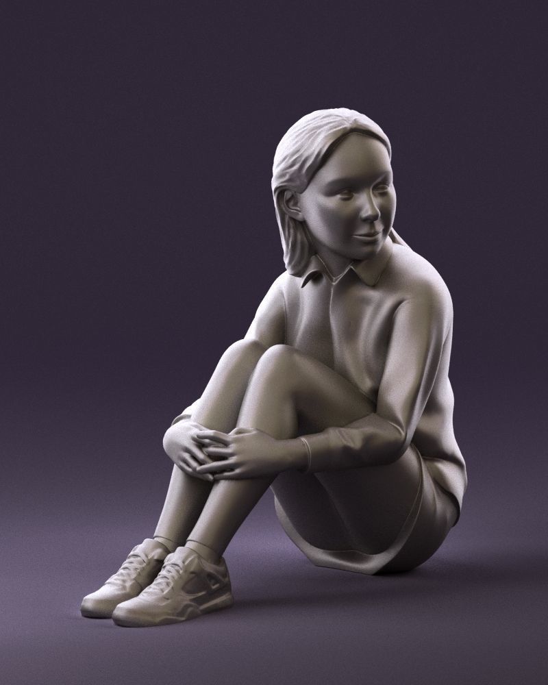 001049 young girl seat in redblack tshirt 3D model_14