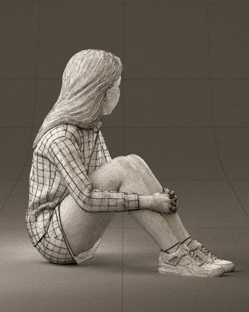 001049 young girl seat in redblack tshirt 3D model_29