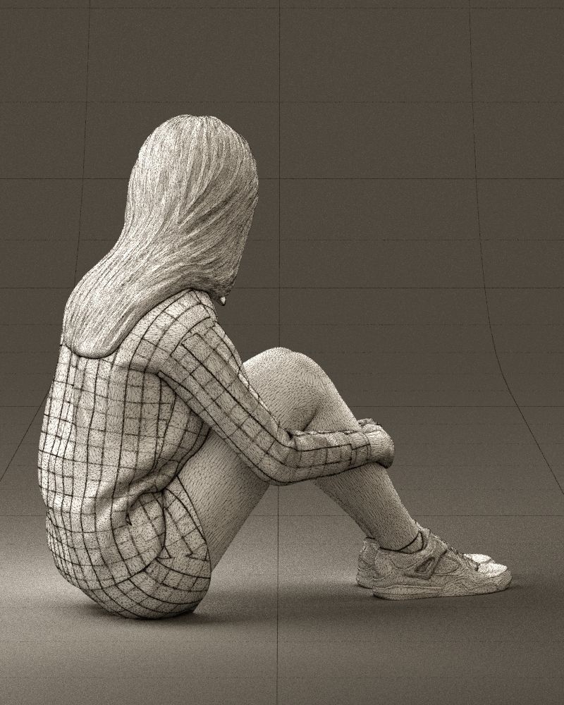 001049 young girl seat in redblack tshirt 3D model_30