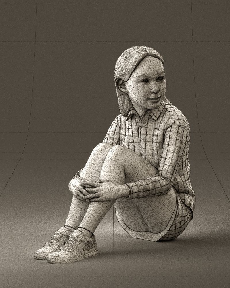 001049 young girl seat in redblack tshirt 3D model_26