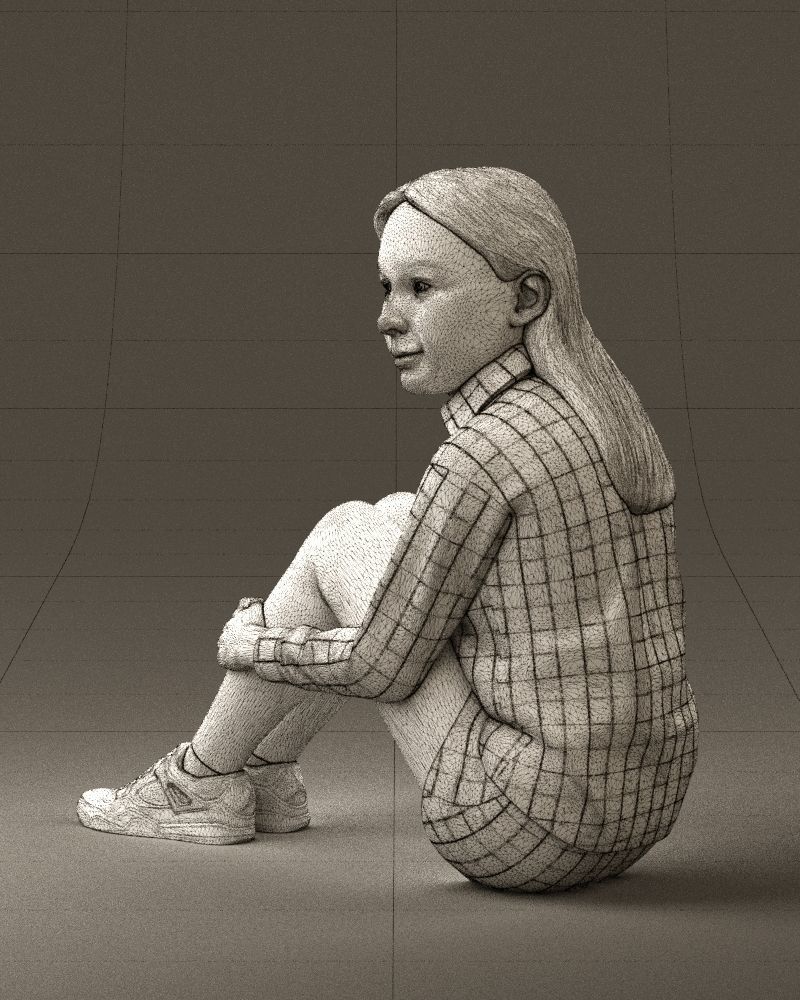 001049 young girl seat in redblack tshirt 3D model_33