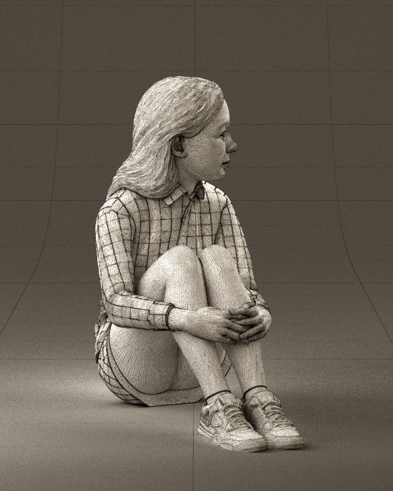 001049 young girl seat in redblack tshirt 3D model_28