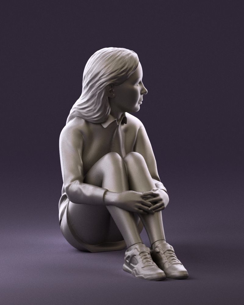 001049 young girl seat in redblack tshirt 3D model_16