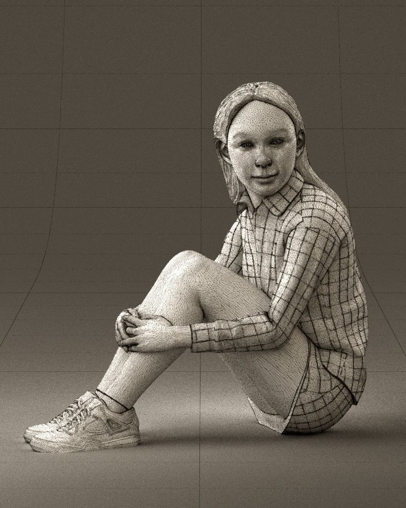 001049 young girl seat in redblack tshirt 3D model_24