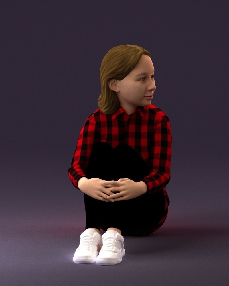001049 young girl seat in redblack tshirt 3D model_3