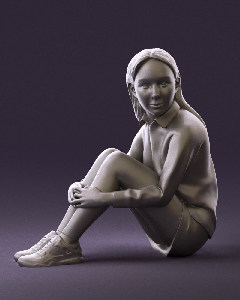 001049 young girl seat in redblack tshirt 3D model_12