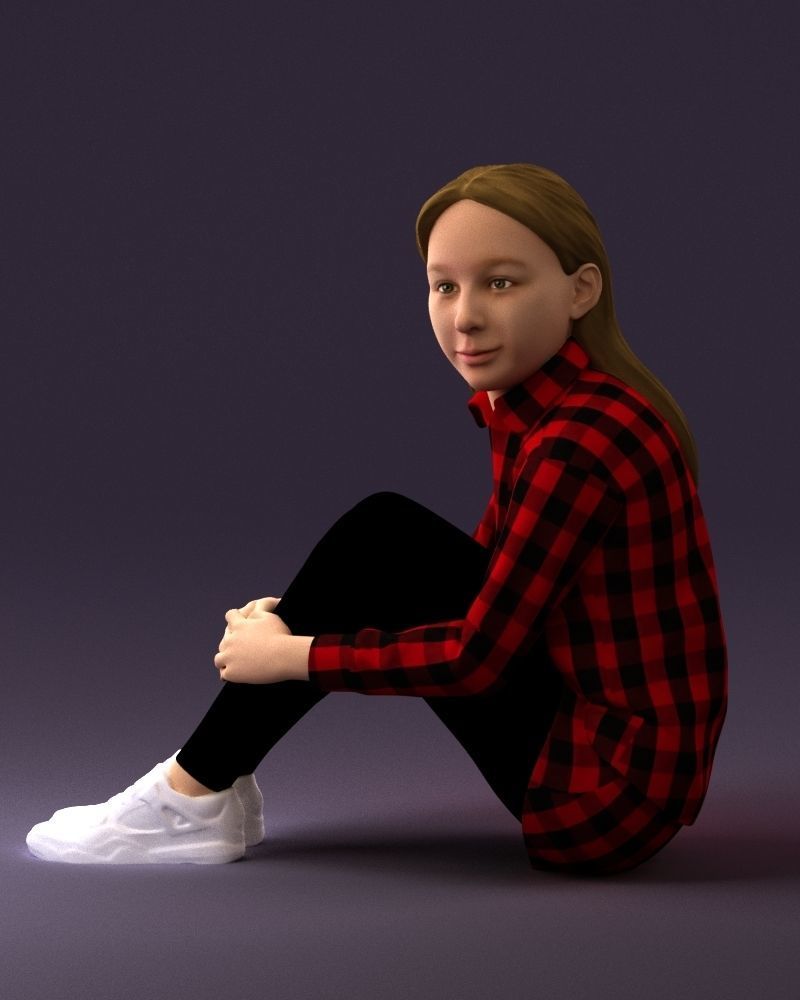 001049 young girl seat in redblack tshirt 3D model_10