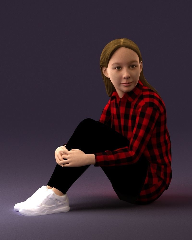 001049 young girl seat in redblack tshirt 3D model_1