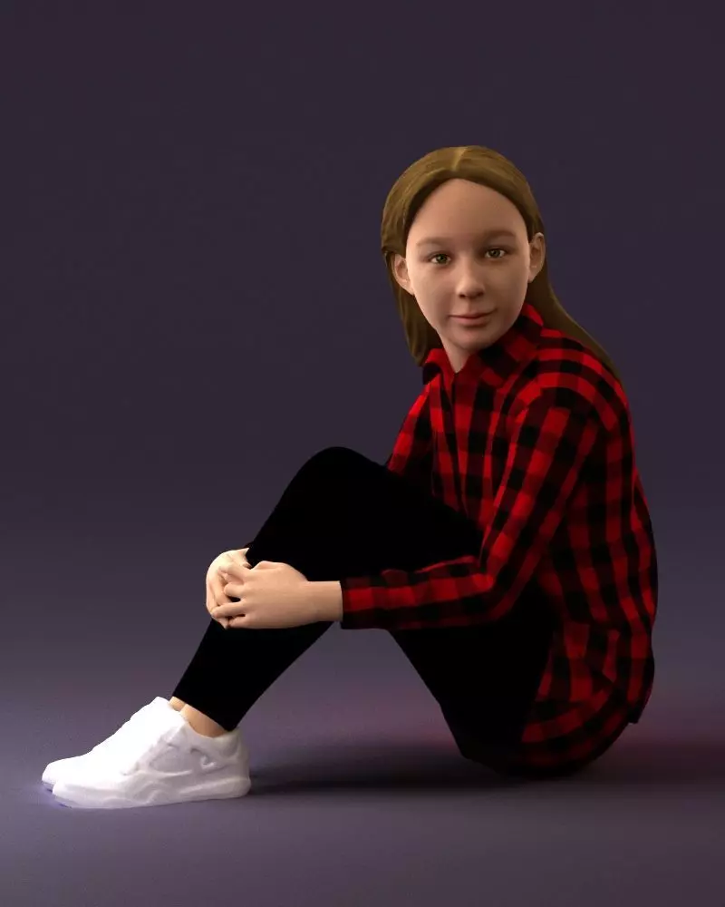 001049 young girl seat in redblack tshirt 3D model_0