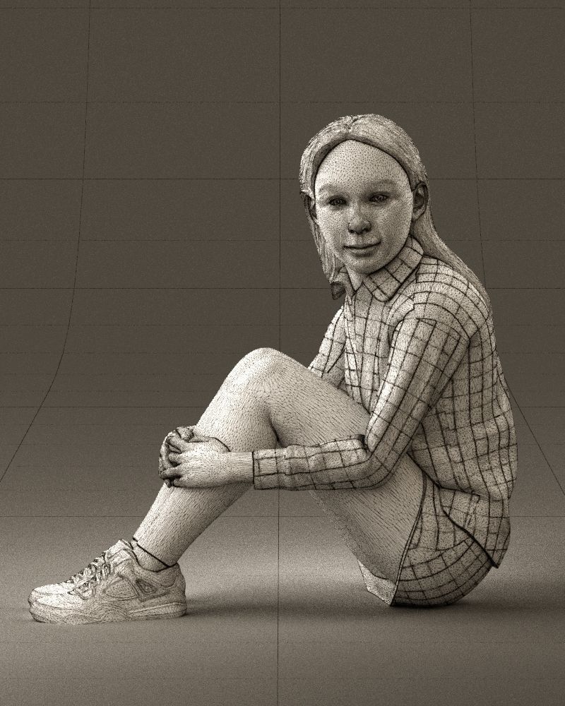 001049 young girl seat in redblack tshirt 3D model_35