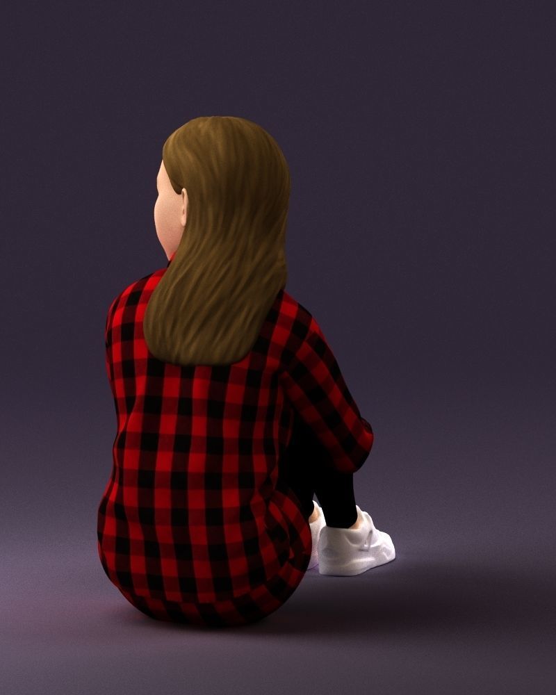 001049 young girl seat in redblack tshirt 3D model_7