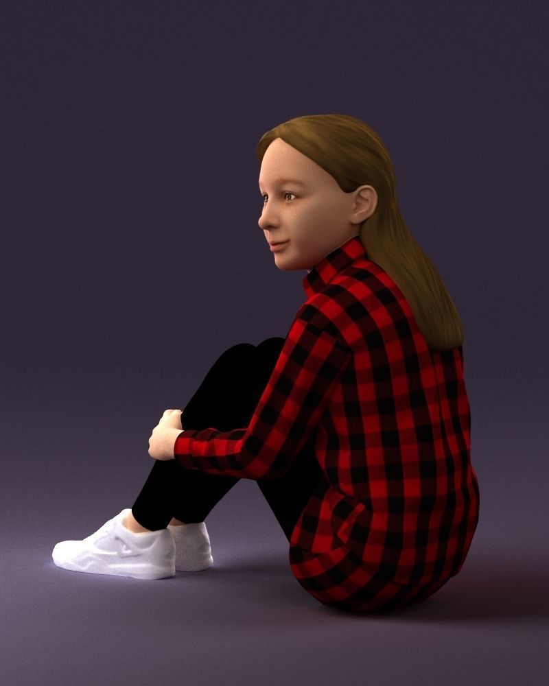 001049 young girl seat in redblack tshirt 3D model_9