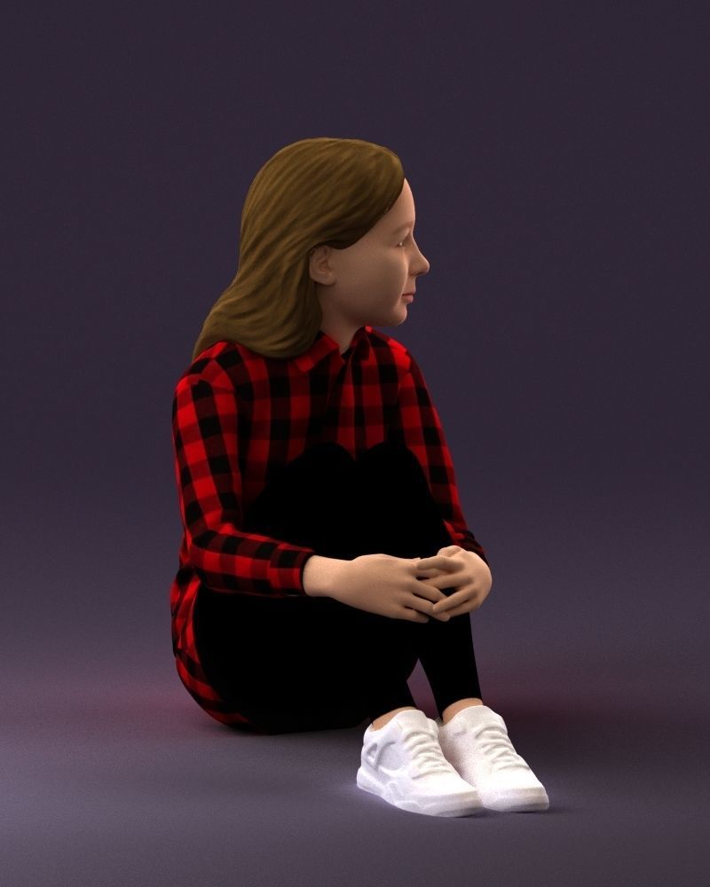 001049 young girl seat in redblack tshirt 3D model_4