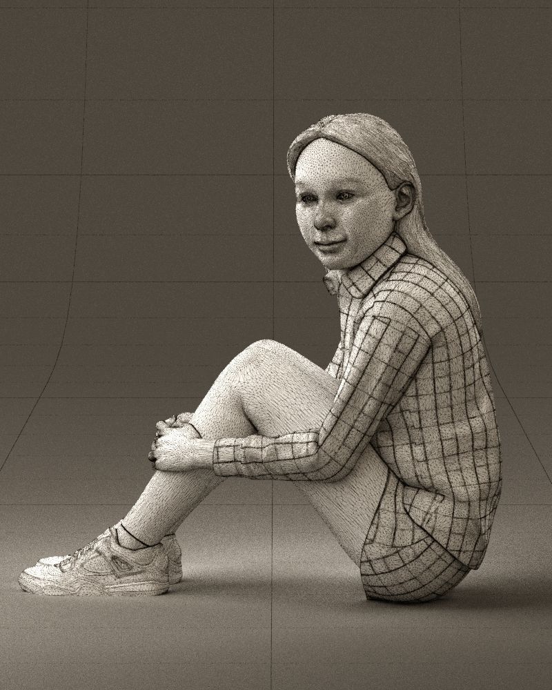 001049 young girl seat in redblack tshirt 3D model_34