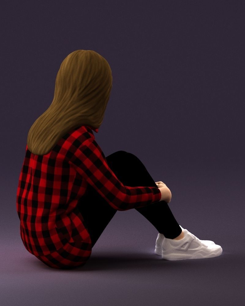 001049 young girl seat in redblack tshirt 3D model_6