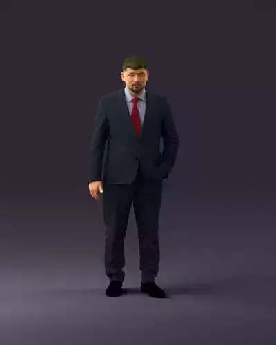 man in dark blue suit red tie cozy beard 1072