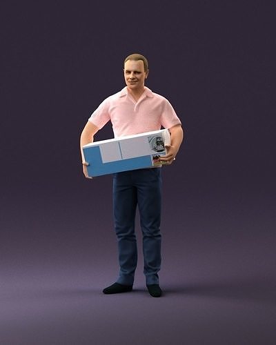 man in white polo jeans box in hands 1094 3D model