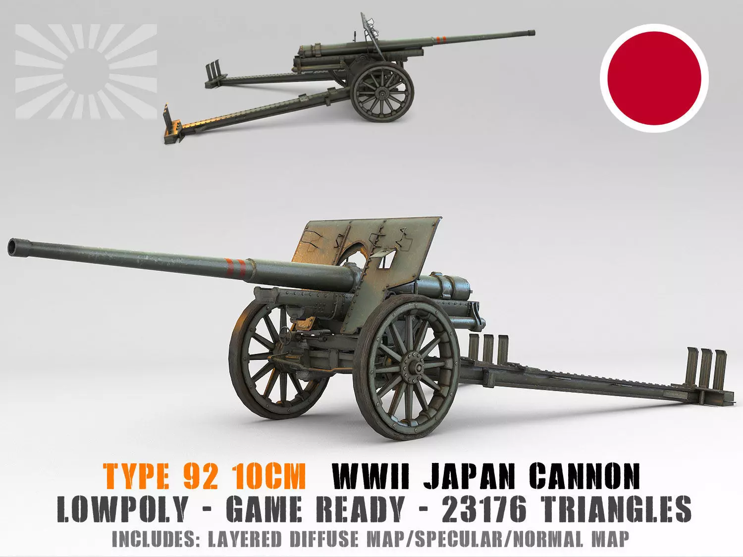 Low Poly Type 92 10 cm cannon Low-poly 3D model_0