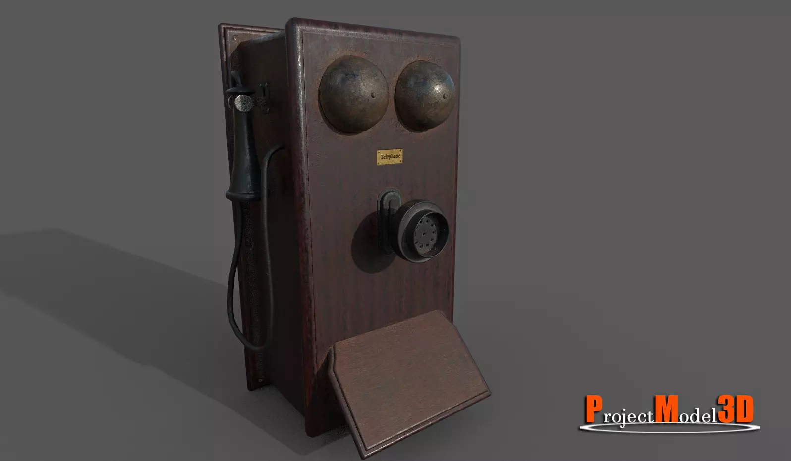 Old wooden telephone Low-poly 3D model_0