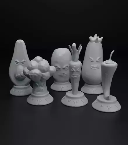 Angry vegetables chess pieces set intended for 3D printing 3D print model